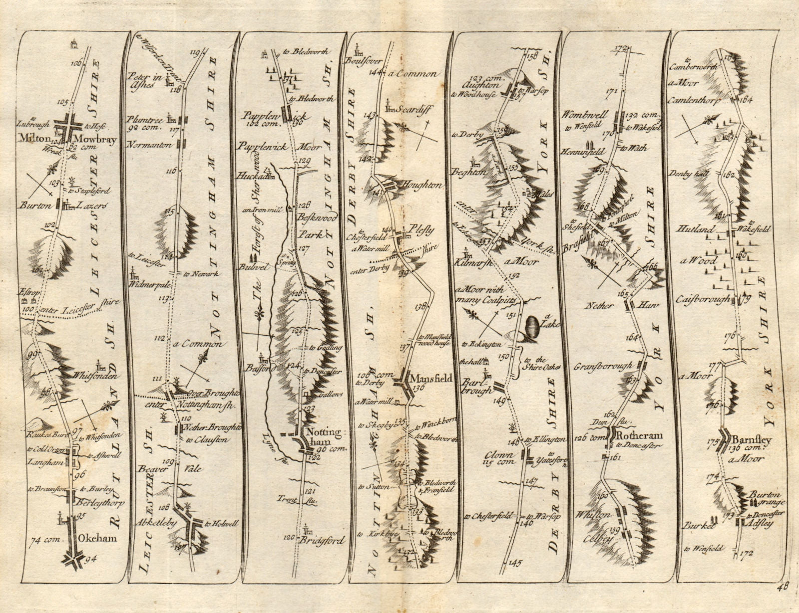 Oakham Nottingham Mansfield Rotherham Barnsley SENEX #48 road map 1719 old